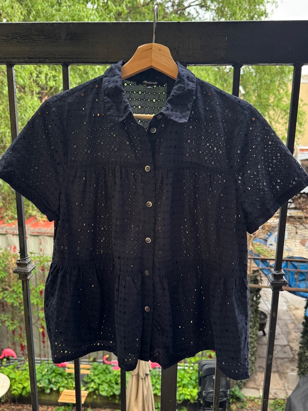 Madewell Navy Blue Eyelet Button-Front Short Sleeve Shirt